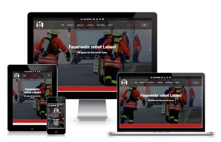 Feuerwehr-Website auf verschiedenen Geräten dargestellt.