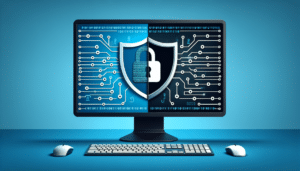 Computer mit digitalem Sicherheitsschild auf blauem Hintergrund