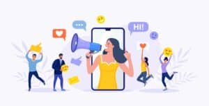 Frau mit Megafon in Social-Media-Illustration