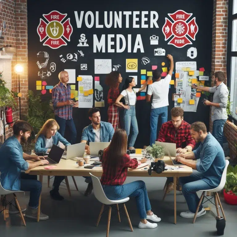 Teamwork bei Medienarbeit: Freiwillige diskutieren und planen.