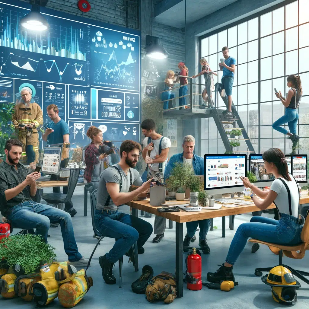 Büro mit Menschen, Pflanzen, Computern und Feuerwehrhelmen.