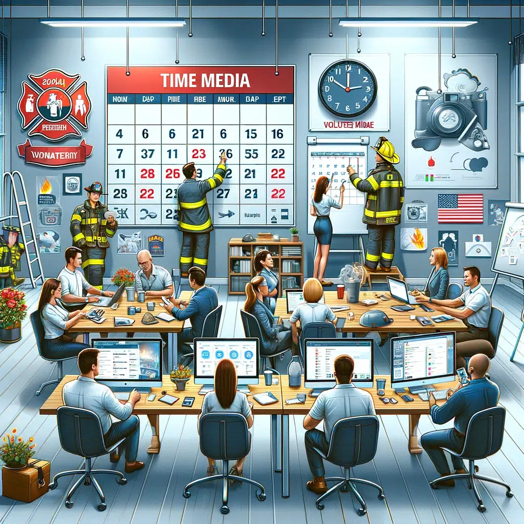 Büro mit Feuerwehrleuten, Kalender und Computern.