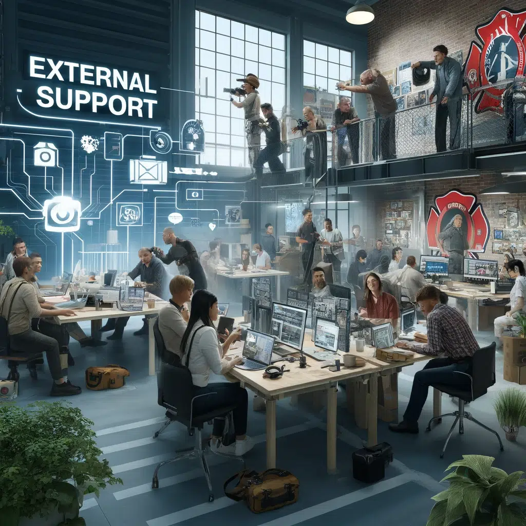 Menschen arbeiten in modernem Büro mit Technologie.