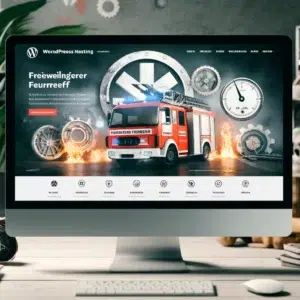 Feuerwehrfahrzeug auf brennender Werkstatthintergrund Website